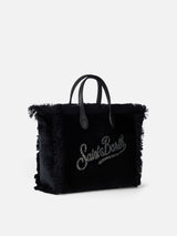 Borsa a mano Mini Vanity in velluto nero con logo Saint Barth in strass