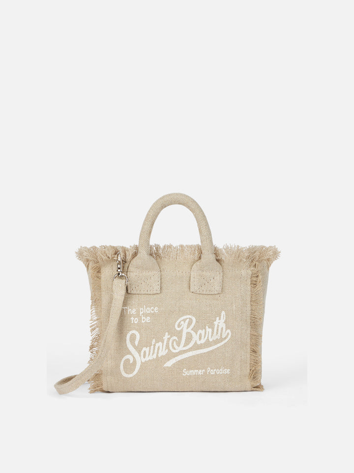 Borsa Vanity mini in lino beige tinta unita con tracolla removibile
