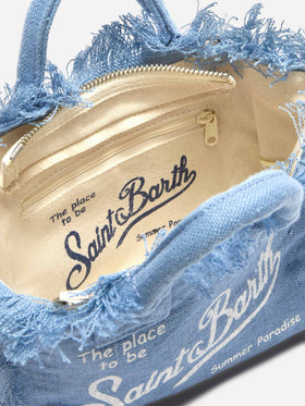 Borsa Vanity mini in lino blu tinta unita con tracolla removibile