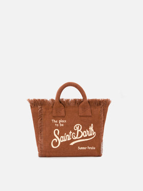Borsa Vanity mini in lino marrone tinta unita con tracolla removibile