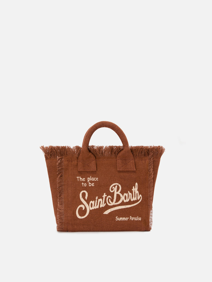 Brown solid color linen Vanity mini bag with removable strap