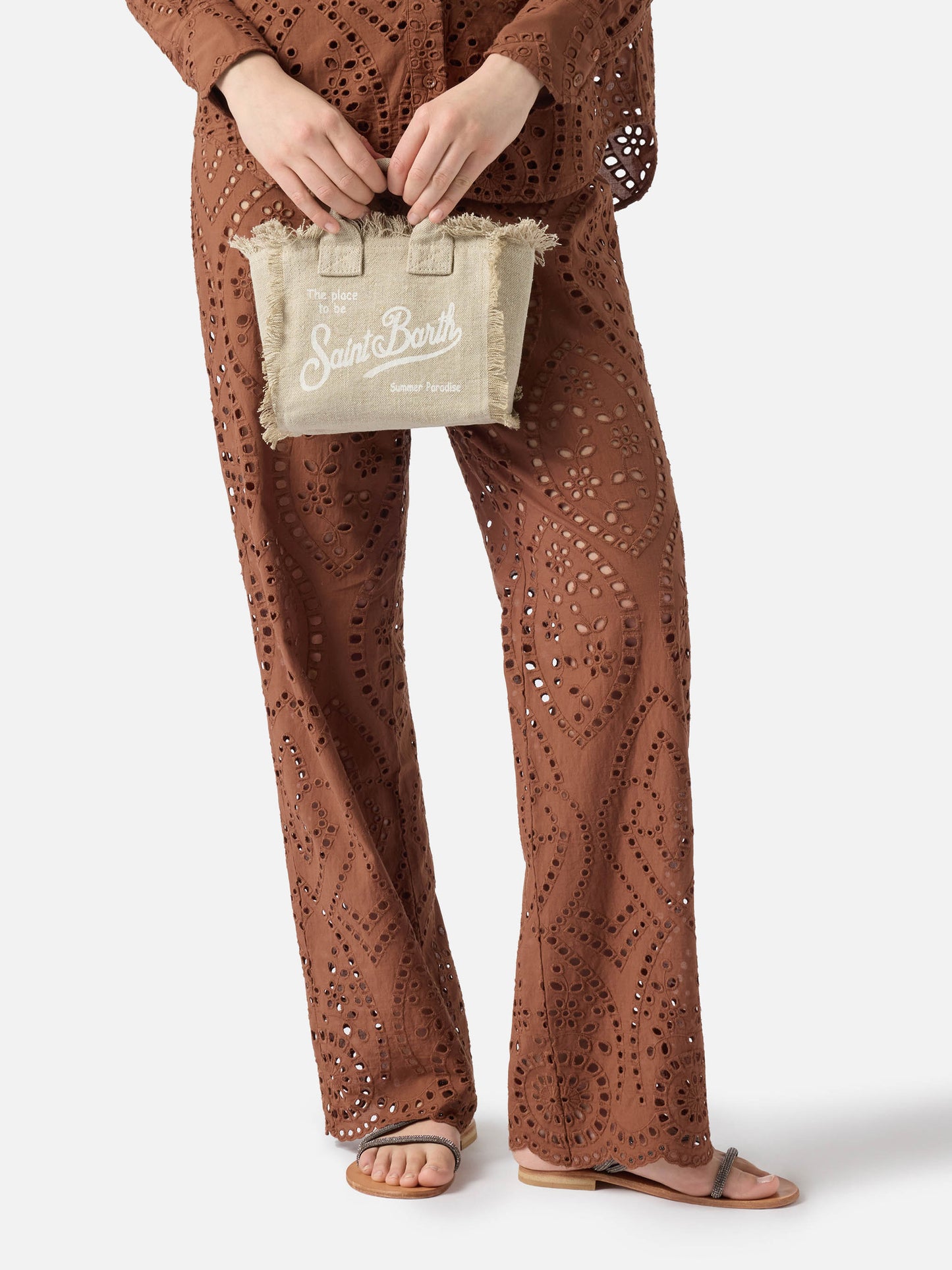 Beige solid color linen Vanity mini bag with removable strap