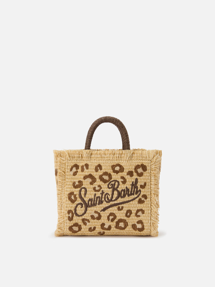 Vanity mini straw effect bag with leopard embroidery