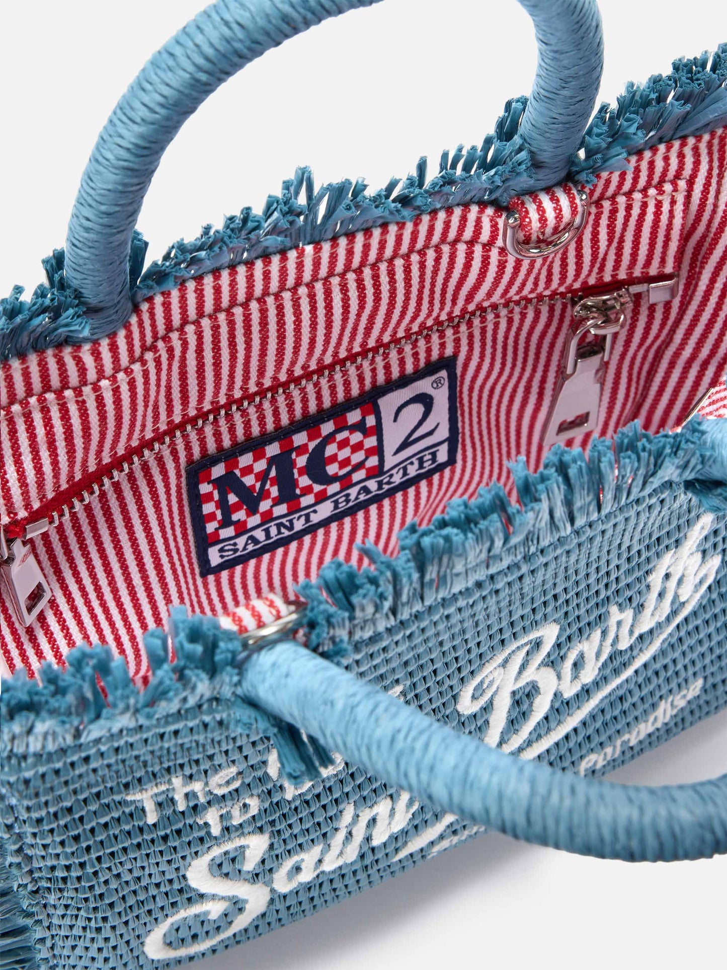 Light blue Vanity mini straw effect bag with embroidered logo
