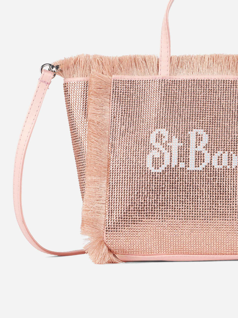 Mini Vanity fringed bag with rose gold rhinestones