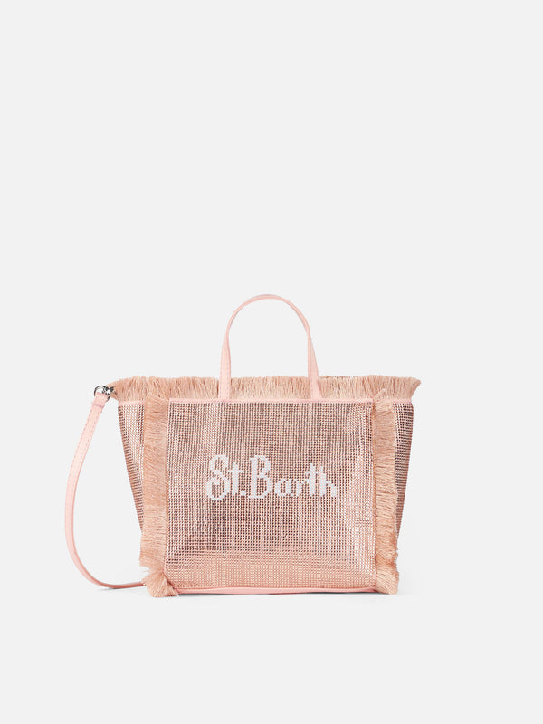 Mini-Vanity-Tasche mit Fransen und roségoldenen Strasssteinen