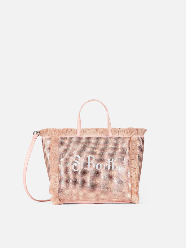 Borsa Mini Vanity con frange e strass rose gold