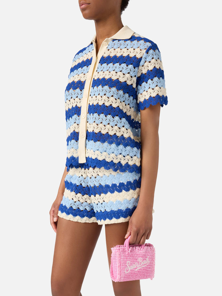 Borsa Vanity micro effetto paglia con dettagli rosa