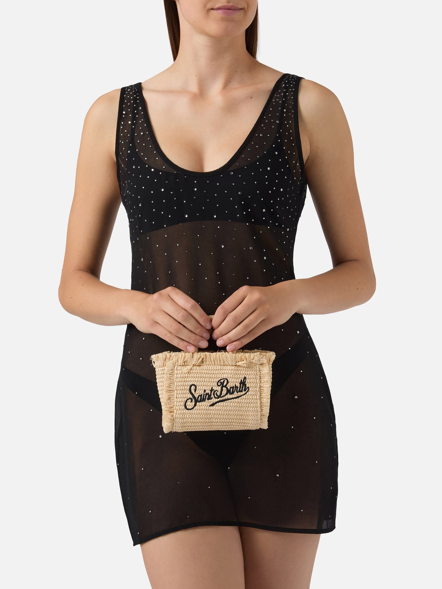 Borsa Vanity micro effetto paglia con dettagli blu