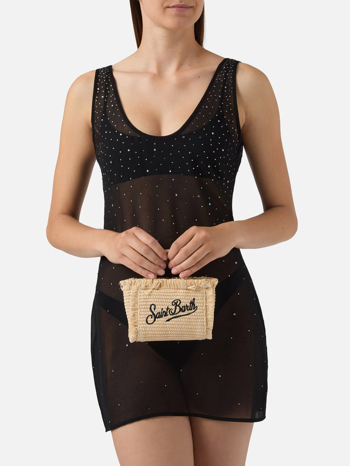Borsa Vanity micro effetto paglia con dettagli blu