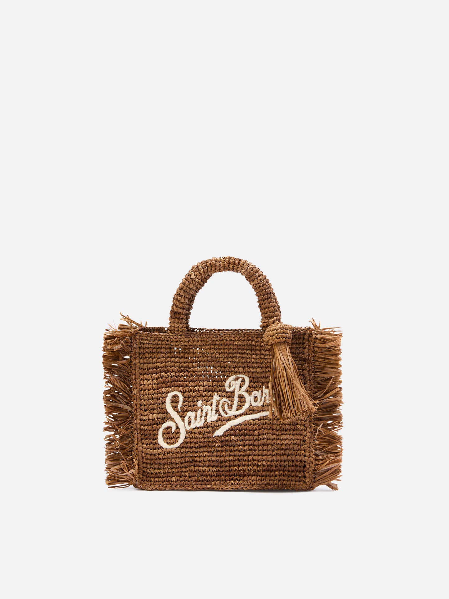 Mini sac vanity Brown en raphia avec franges latérales 
