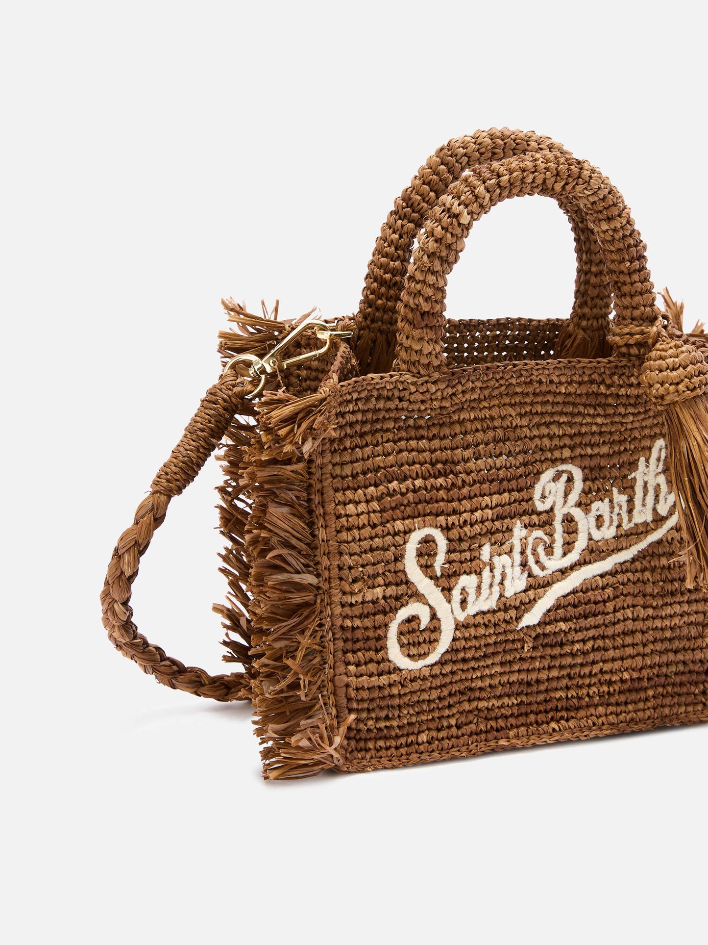 Mini sac vanity Brown en raphia avec franges latérales 