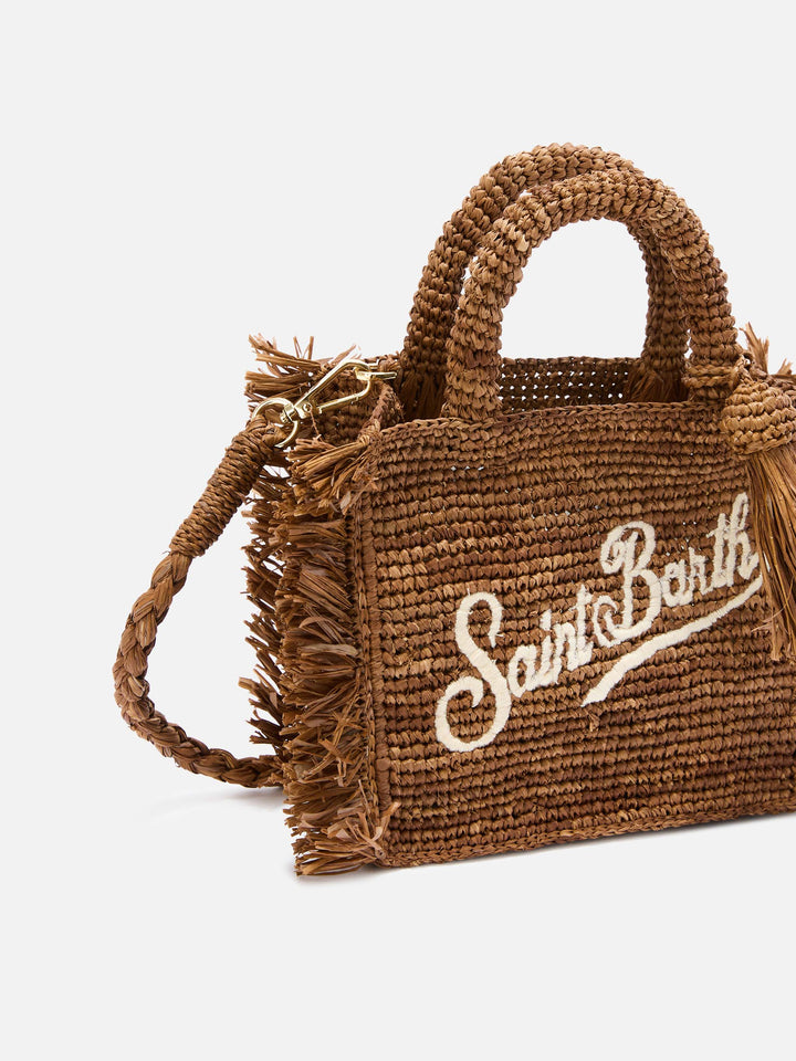 Borsa Vanity mini in raffia marrone con frange laterali