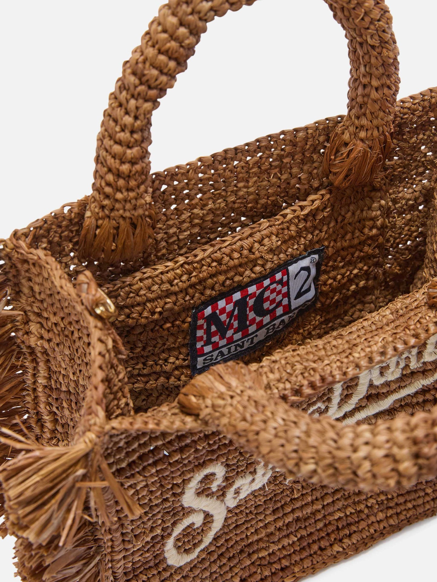 Mini sac vanity Brown en raphia avec franges latérales 