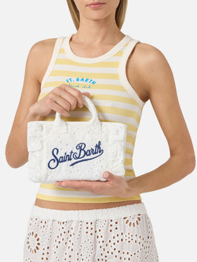 Borsa Vanity mini volant in cotone sangallo bianca