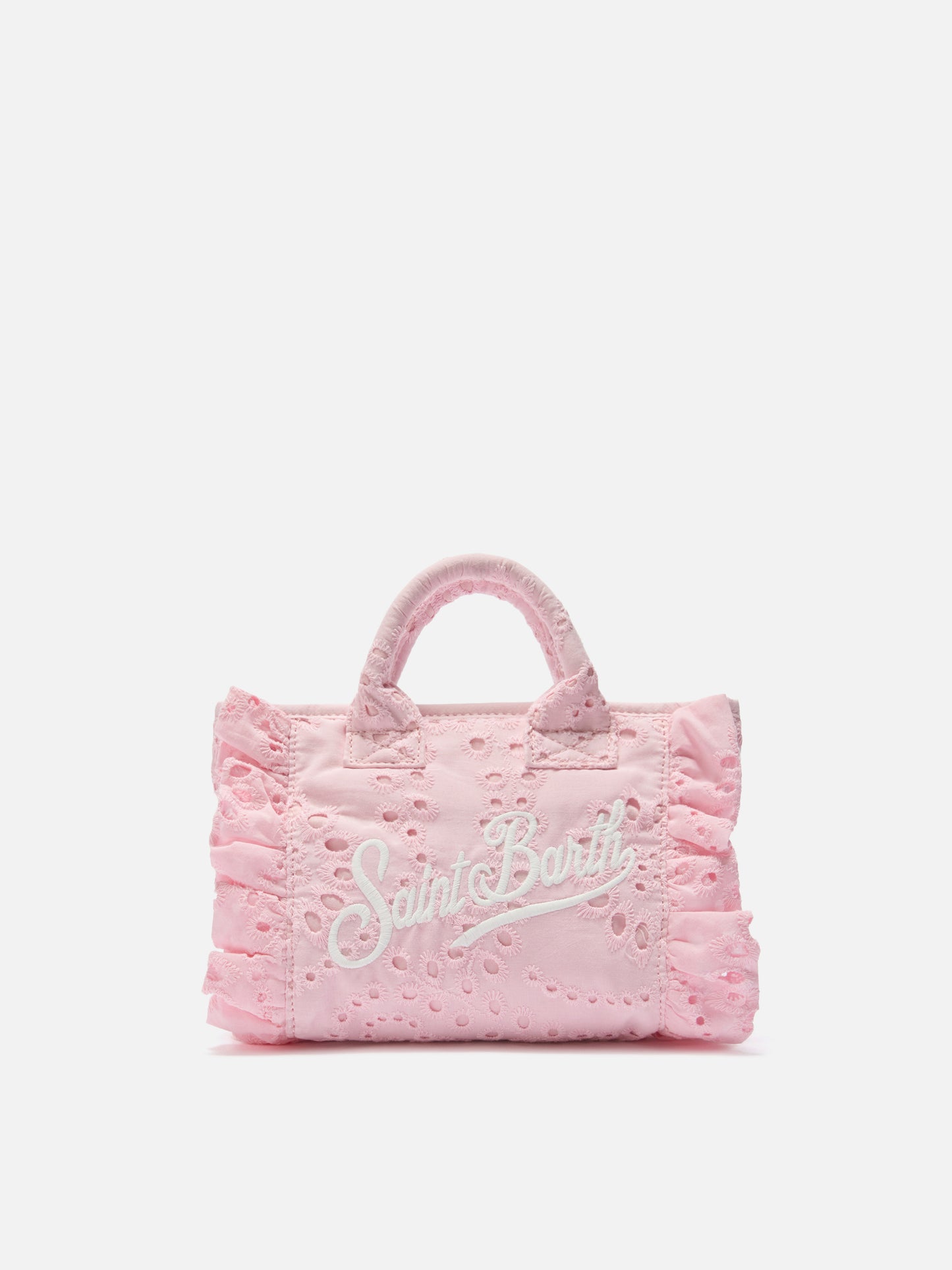 Borsa Vanity mini volant in cotone sangallo rosa