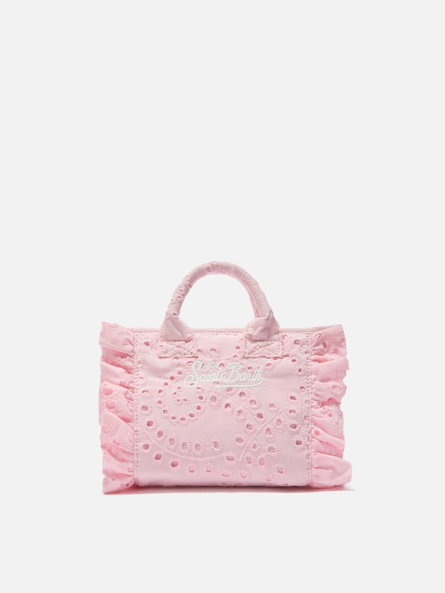 Borsa Vanity mini volant in cotone sangallo rosa
