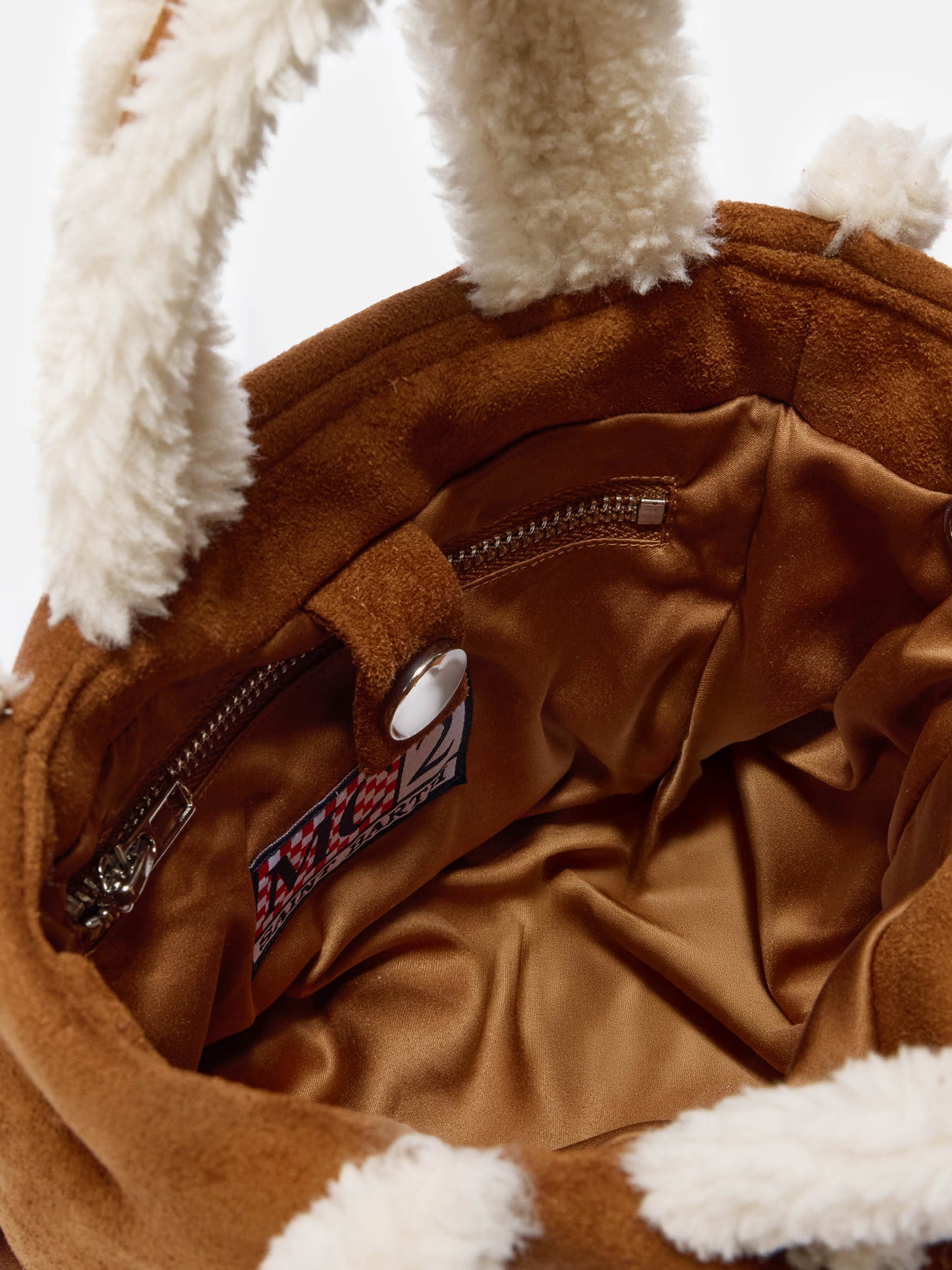 Vanity Mini Shearling Soft Handbag in camel shearling