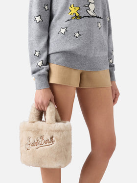Beige Mini Vanity Soft bag in faux fur with logo embroidery