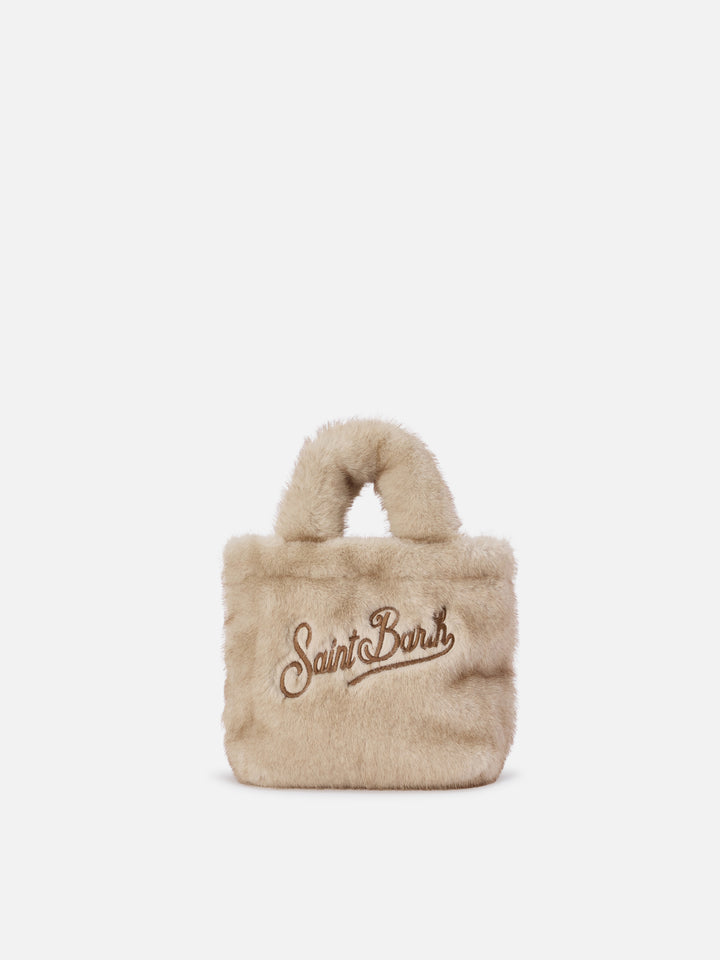 Borsa Mini Vanity Soft beige in effetto pelliccia con ricamo logo