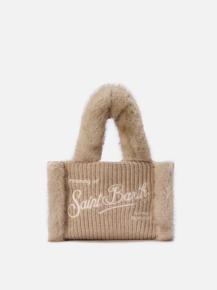 Vanity Mini Shearling Rib Handtasche aus beigefarbenem, geripptem Wollmischgewebe mit Shearling-Besatz