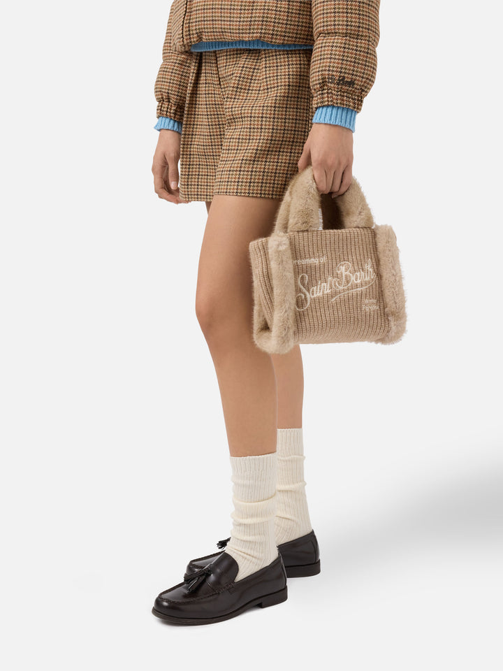 Vanity Mini Shearling Rib Handtasche aus beigefarbenem, geripptem Wollmischgewebe mit Shearling-Besatz