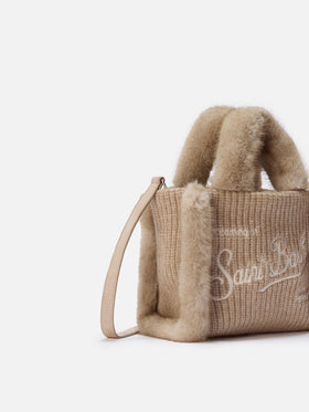 Vanity Mini Shearling Rib Handbag in beige ribbed wool blend with shearling
