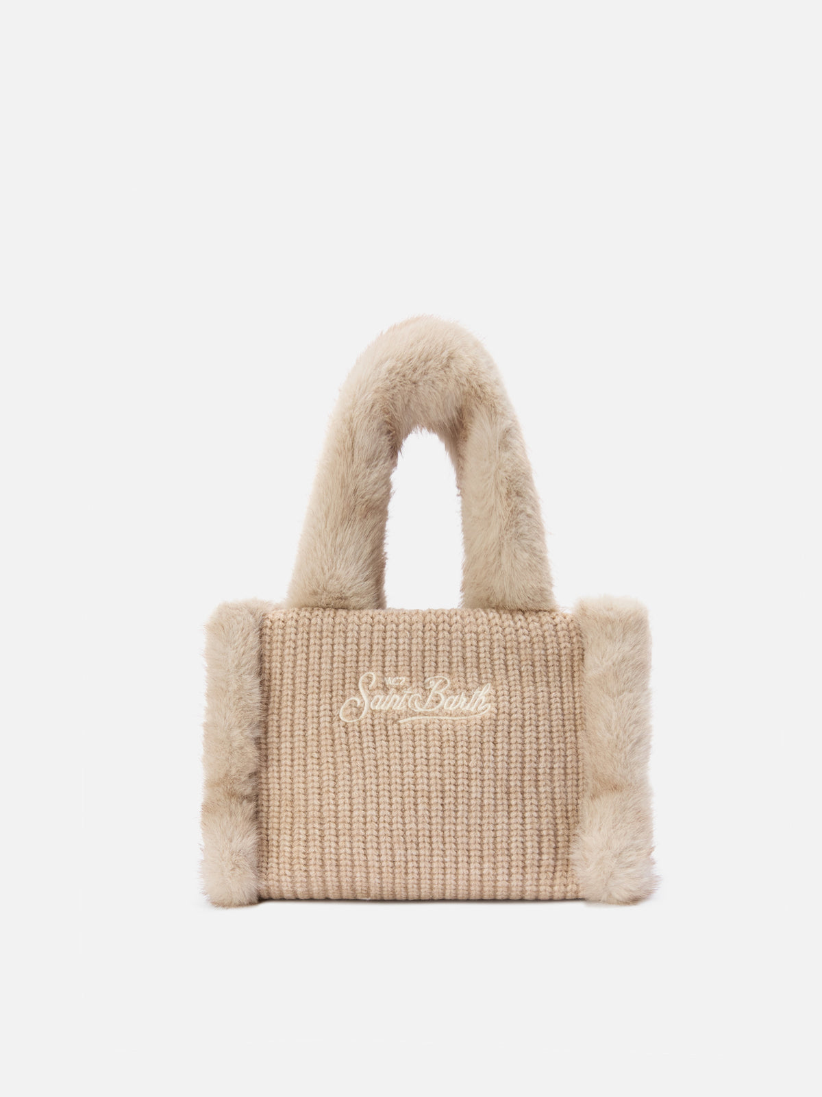 Mini bolso Vanity beige en faux shearling acanalado con asas de piel sintética 