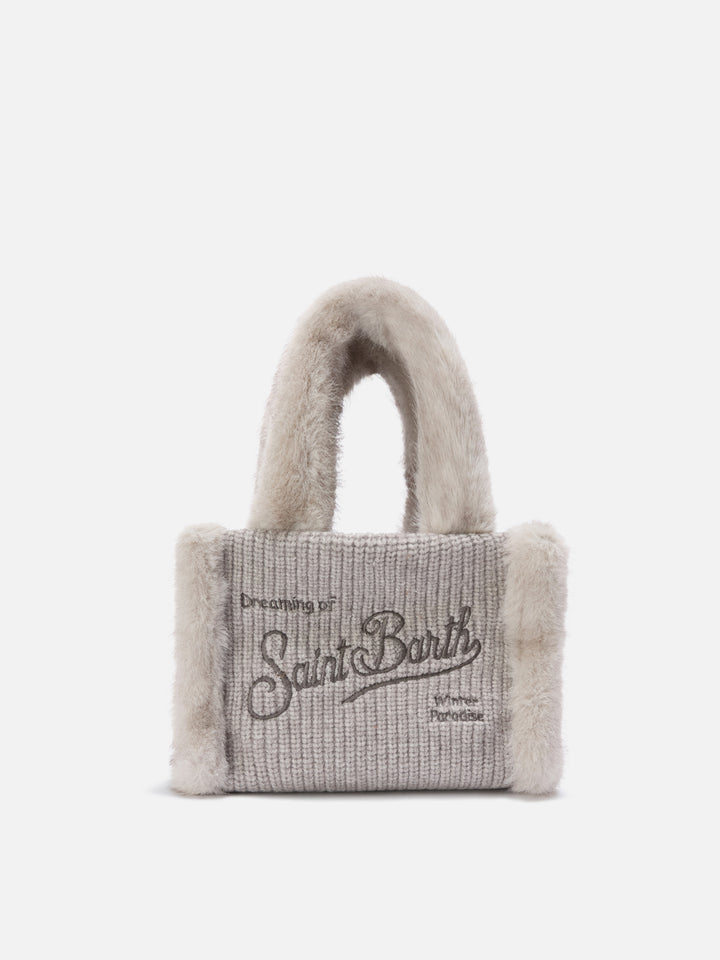 Borsa Mini Vanity grigia effetto montone a costine con manici effetto pelliccia