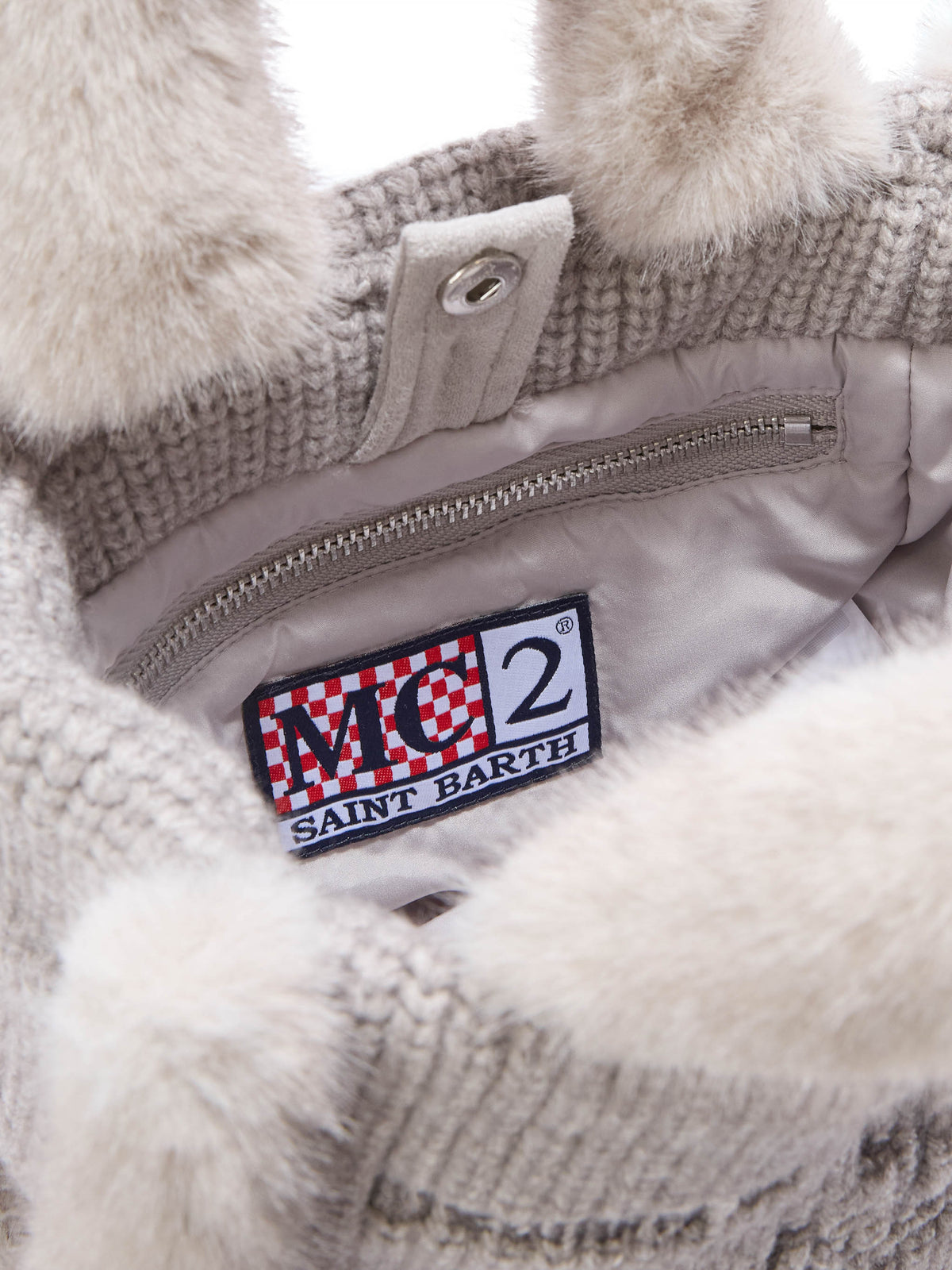 Graue Mini Vanity-Tasche aus geripptem Faux Shearling mit Griffen aus Faux Fur 
