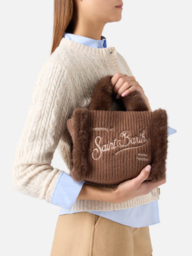 Brown Mini Vanity bag in ribbed faux shearling with faux fur handles