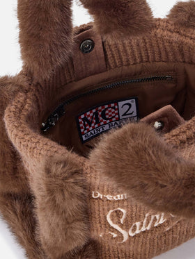 Brown Mini Vanity bag in ribbed faux shearling with faux fur handles
