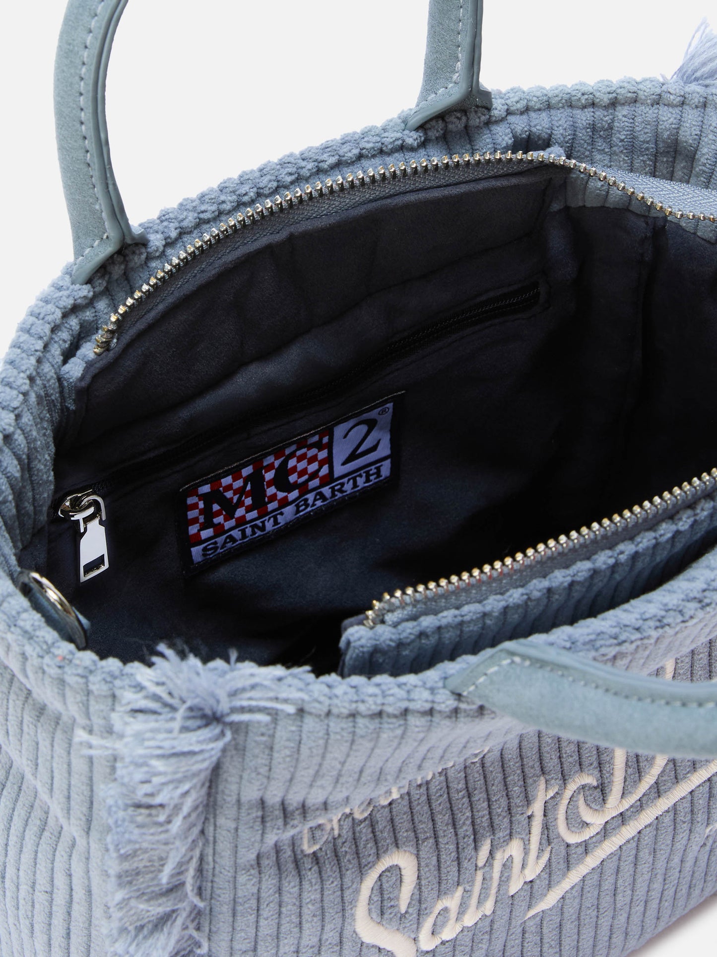 Borsa a mano Vanity Mini Corduroy in velluto a coste e faux suede azzurro polvere