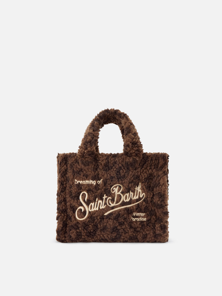 Borsa Mini Vanity marrone in tessuto teddy con stampa leopardata