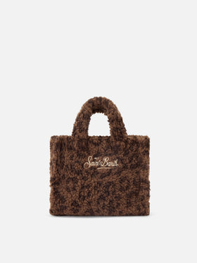 Braune Mini-Vanity-Bag aus Teddy-Stoff mit Leopardenprint 