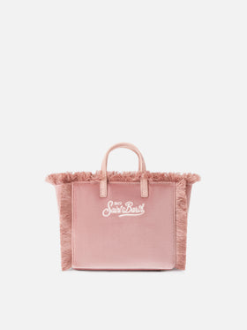 Mini Vanity bag rosa en terciopelo con bordado del logo 