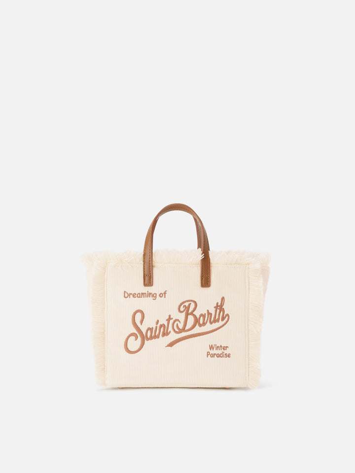 Borsa Mini Vanity off white in velluto a coste con ricamo logo