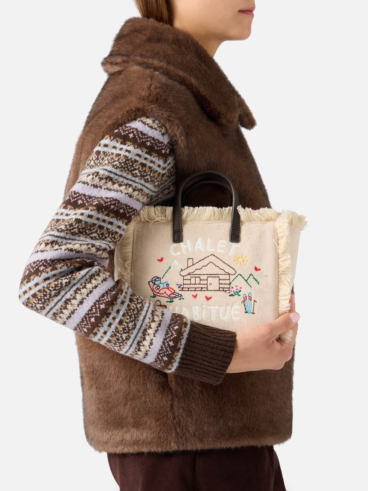 Beige Mini Vanity felt bag with embroidered chalet