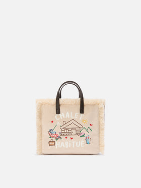 Borsa Mini Vanity beige in feltro con chalet ricamato