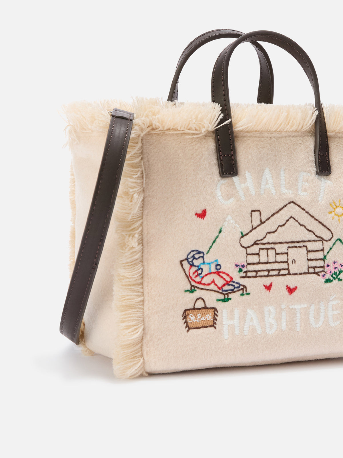 Borsa Mini Vanity beige in feltro con chalet ricamato