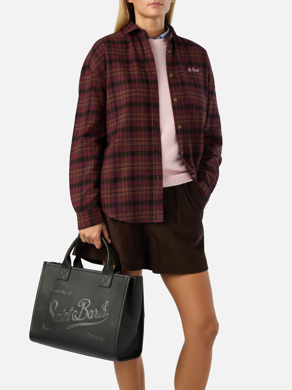 Schwarze große Vanity-Bag aus genarbtem Leder mit Logo-Schriftzug 