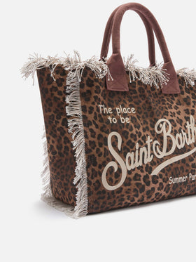 Leopard print canvas Vanity regular bag with fringes