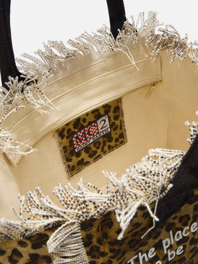 Borsa Vanity regular in canvas leopardato con dettagli sfrangiati