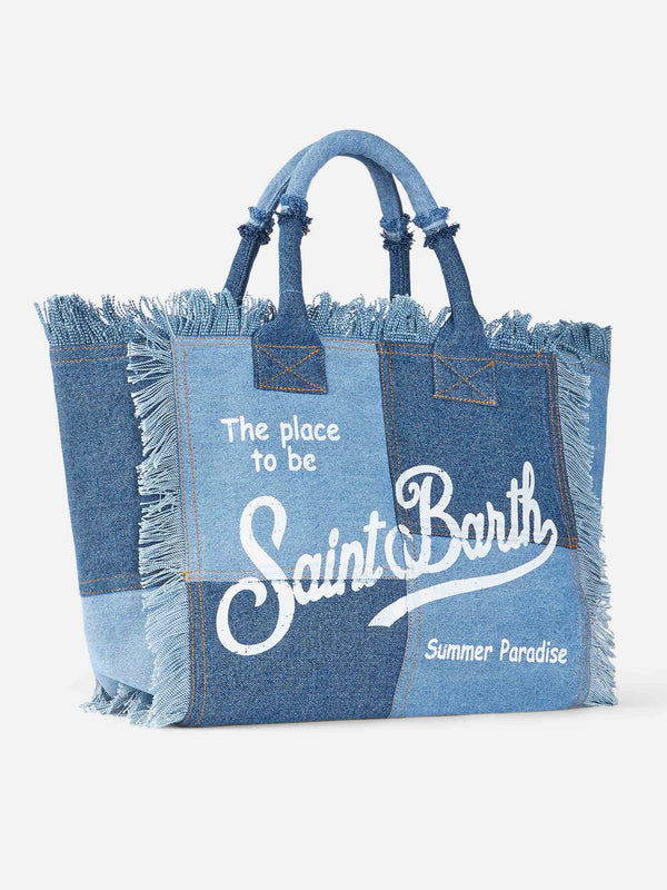 Vanity-Einkaufstasche aus Baumwollcanvas mit Denim-Patch