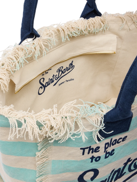Cotton canvas Vanity tote bag with water green striped print - MC2 Saint Barth
