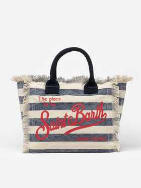 Cotton canvas Vanity tote bag with navy blue striped print - MC2 Saint Barth