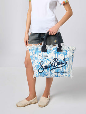 Bluette cotton canvas Vanity tote bag with toile de jouy print - MC2 Saint Barth