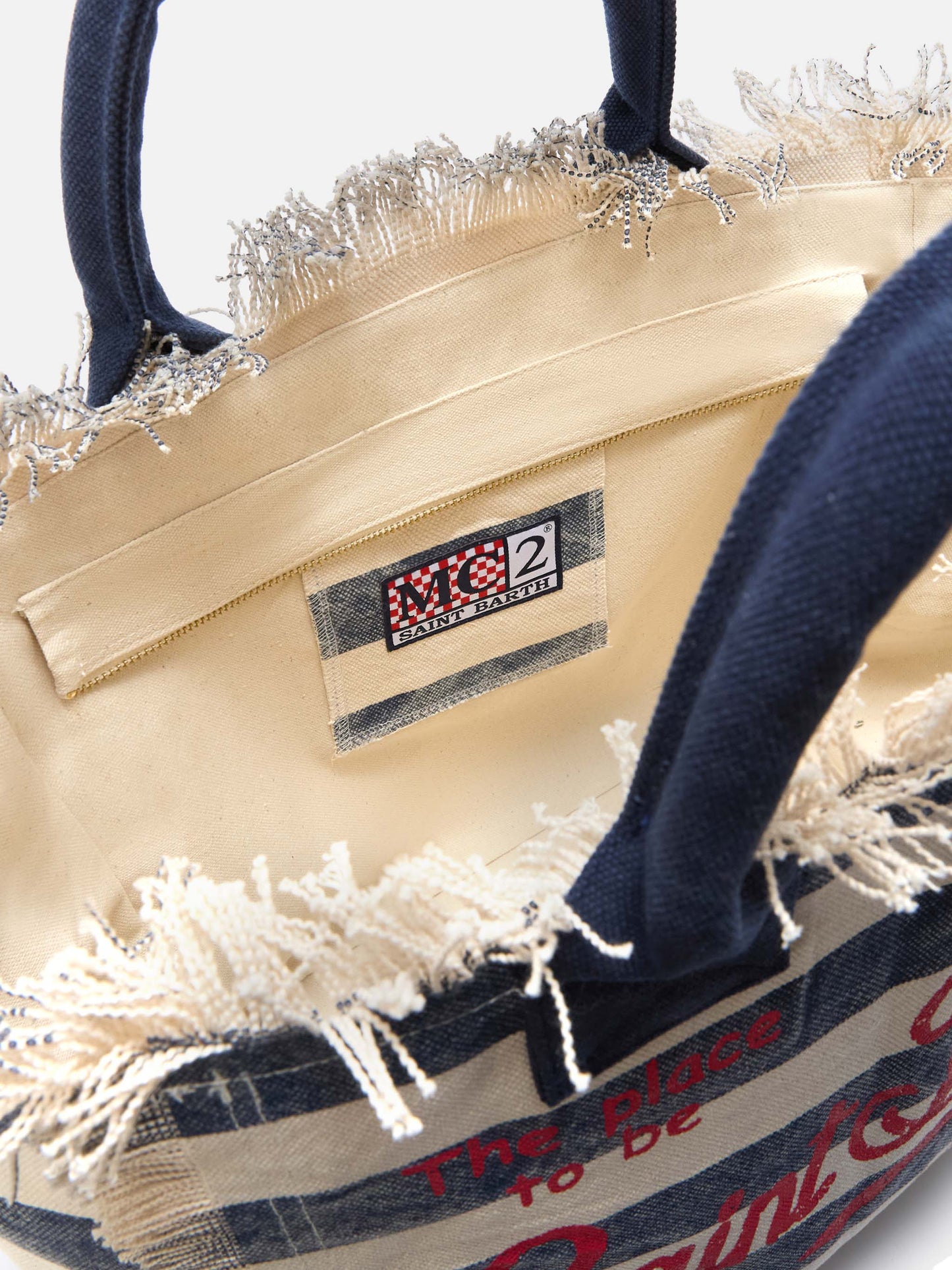 Borsa Vanity regular in canvas a righe orizzontali blu