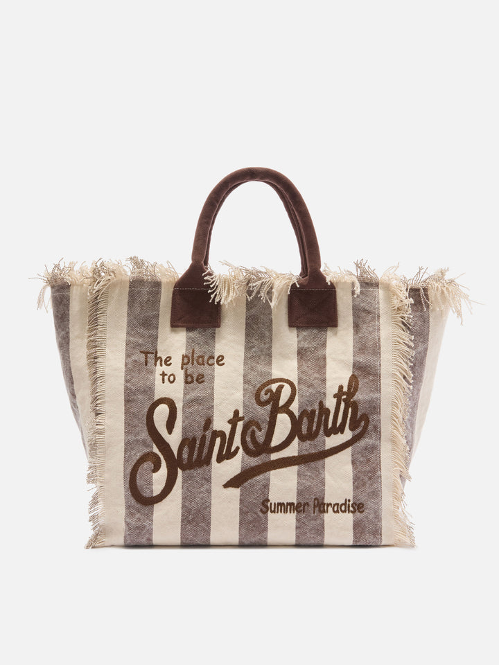 Borsa Vanity regular in canvas a righe verticali marrone