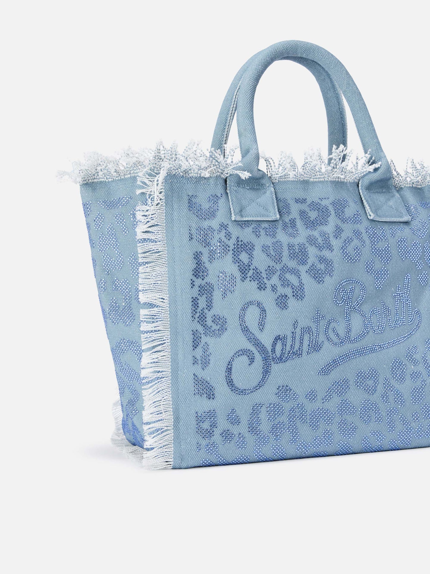 Borsa Vanity regular in canvas blu leopardato con strass